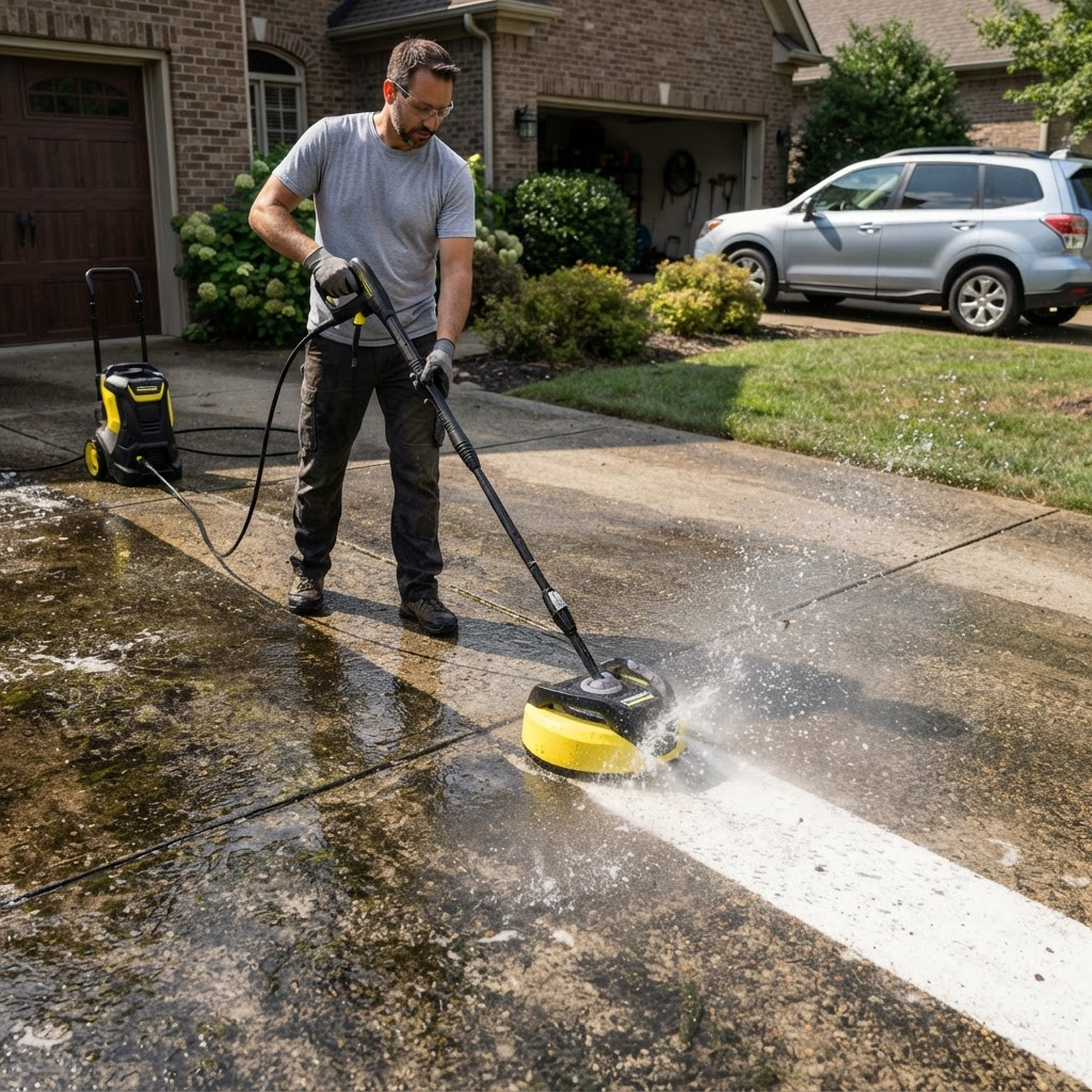 Pressure washing cleaning a dirty concrete driveway to reveal clean surface